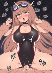  ahegao arm_grab breasts cleavage cum cum_in_pussy goddess_of_victory:_nikke goggles goggles_on_head large_breasts long_hair one-piece_swimsuit pink_hair pov rapi_(classic_vacation)_(nikke) rapi_(nikke) sex stomach_bulge straddling swimsuit torn_clothes whomperfruit  rating:Explicit score:7 user:TDogarooski