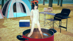  1girl 3d artist_request black_hair cauldron flat_chest food loli nude peeing pot solo tagme tent  rating:Explicit score:1 user:tokos_satapiros