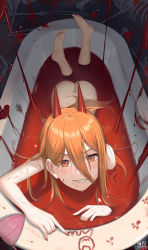+_+ 1girl amogus artist_name ass barefoot bath bath_of_blood bathtub blood blood_on_face blood_writing bone chainsaw_man commentary_request completely_nude cross-shaped_pupils demon_horns eyes_visible_through_hair feet feet_up flower grin hair_between_eyes highres horns long_hair nude orange_eyes orange_hair partially_submerged pixiv_id power_(chainsaw_man) red_flower sharp_teeth skeleton smile soles solo spider_lily symbol-shaped_pupils teeth toes yuxing_yuhang rating:Questionable score:87 user:danbooru