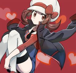  1girl brown_eyes brown_hair closed_mouth commentary_request creatures_(company) eyelashes game_freak hat hat_ribbon heart highres jacket long_hair looking_at_viewer lyra_(pokemon) nintendo overalls pokemon pokemon_hgss red_background red_footwear ribbon shoes sleeves_past_elbows solo thighhighs twintails watta02614129 white_hat white_thighhighs  rating:Sensitive score:8 user:danbooru