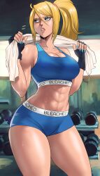  1girl abs absurdres bare_arms bare_shoulders black_gloves bleached_(phrase) blonde_hair blue_eyes blue_nails blue_shorts blue_sports_bra breasts cleavage collarbone cowboy_shot crop_top echo_saber fingerless_gloves gloves hair_between_eyes hands_up highres holding holding_towel large_breasts long_hair metroid midriff nail_polish navel nintendo parted_lips ponytail samus_aran short_sleeves shorts solo sports_bra standing stomach sweat thick_thighs thighs toned towel 