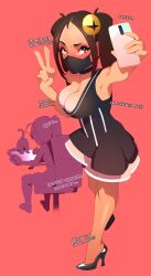  2girls artist_self-insert black_choker black_dress black_footwear black_mask blush breasts brown_eyes brown_hair cat cellphone choker cleavage combos-n-doodles_(person) combos_&amp;_doodles dress dual_persona english_text high_heels highres holding holding_phone large_breasts mask mouth_mask multiple_girls phone real_life red_background self-portrait selfie short_dress sitting sleeveless sleeveless_dress smartphone solo_focus standing tan tanline twintails v 