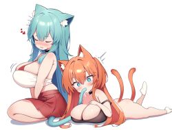  2girls ^^^ animal_ear_fluff animal_ears aqua_hair blue_eyes breasts cat_ears cat_girl cat_tail cleavage closed_eyes commentary english_commentary hair_between_eyes heart huge_breasts kaptivate large_breasts looking_at_viewer lying multiple_girls multiple_tails on_stomach original red_skirt simple_background skirt sucking_another&#039;s_tail tail white_background  rating:Sensitive score:5 user:danbooru