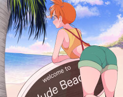  1girl arm_behind_back ass asymmetrical_hair back bare_arms bare_shoulders beach blue_sky blush breasts cloud creatures_(company) crop_top dated day denim denim_shorts english_text from_behind fujiwara_hiro_(kaede_ciao) game_freak green_eyes green_shorts gym_leader hair_tie highres huge_ass legs looking_at_another looking_back medium_breasts misty_(pokemon) nintendo ocean open_mouth orange_hair outdoors palm_tree pokemon pokemon_(anime) pokemon_(classic_anime) ponytail sand shirt short short_hair short_shorts shorts side_ponytail simple_background sky sleeveless solo sparkle suspender_shorts suspenders swimsuit tank_top thick_thighs thighs tree water yellow_shirt yellow_tank_top 