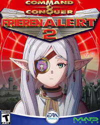  2girls absurdres aura_(sousou_no_frieren) braid brand_name_imitation cameo capelet command_and_conquer:_red_alert_2 commentary cover electronic_arts elf english_commentary english_text esrb eyepatch fake_cover frieren green_eyes grey_hair hair_between_eyes heiter highres himmel_(sousou_no_frieren) long_hair long_sleeves looking_at_viewer madhouse multiple_girls parody parted_bangs pointy_ears purple_hair reflection sidelocks sousou_no_frieren statue tchenart thick_eyebrows video_game_cover white_capelet 