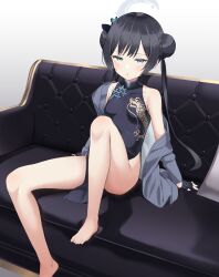  1girl absurdres bare_legs barefoot black_gloves black_hair blue_archive blue_eyes breasts butterfly_hair_ornament commentary_request couch double_bun dress feet gloves gradient_background grey_background grey_jacket hair_bun hair_ornament halo highres jacket kisaki_(blue_archive) legs long_hair looking_at_viewer okamen on_couch sitting sleeveless sleeveless_dress small_breasts solo striped_clothes striped_jacket toes twintails vertical-striped_clothes vertical-striped_jacket 