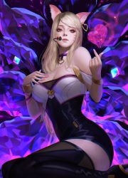 1girl absurdres ahri_(league_of_legends) animal_ears bare_shoulders blonde_hair breasts choker cleavage facial_mark fox_ears fox_tail hair_ornament hand_on_own_chest headset heart heart_choker high_heels highres huge_filesize idol k/da_(league_of_legends) k/da_ahri kneeling league_of_legends long_hair looking_at_viewer makeup mascara medium_breasts nail_polish official_alternate_costume parted_lips realistic solo tail thaumazo thighhighs whisker_markings wristband yellow_eyes rating:Sensitive score:36 user:danbooru