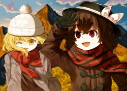  2girls :d black_gloves black_headwear blonde_hair bow brown_coat brown_hair cloud cloudy_sky coat commentary_request fedora gloves hat hat_bow long_sleeves maribel_hearn mountainous_horizon multiple_girls one_eye_closed open_clothes open_coat open_mouth outdoors plaid plaid_scarf pom_pom_(clothes) purple_coat red_eyes red_scarf scarf short_hair sky smile touhou upper_body usami_renko white_bow white_headwear wind yellow_eyes zetsumame 