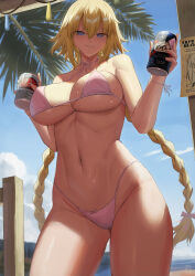  absurdres bare_shoulders bikini blonde_hair blue_eyes blush bow braid breasts can choker commentary condom cowboy_shot day english_commentary fate/grand_order fate_(series) hair_bow hair_ornament highres holding holding_can jeanne_d&#039;arc_(fate) kakeku large_breasts long_hair looking_at_viewer navel outdoors parted_lips pink_bikini pink_bow pink_choker seductive_smile smile solo stomach swimsuit thighs twin_braids underboob 