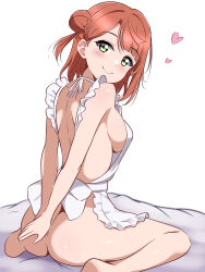  1girl absurdres apron arms_behind_back ass back barefoot blush borgbutler breasts closed_mouth commentary_request frilled_apron frills from_behind hair_bun heart highres looking_at_viewer looking_back love_live! love_live!_nijigasaki_high_school_idol_club medium_hair naked_apron on_bed partial_commentary sideboob simple_background single_side_bun sitting smile solo uehara_ayumu wariza white_apron white_background yellow_eyes 