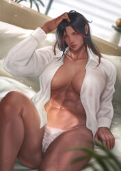  1girl abs areeya black_hair breasts collared_shirt cropped_legs dark-skinned_female dark_skin final_fantasy final_fantasy_xiv large_breasts lips long_hair multicolored_hair muscular muscular_female no_bra no_pants on_bed open_clothes open_shirt panties red_eyes red_hair roegadyn shirt two-tone_hair underwear warrior_of_light_(ff14) white_shirt  rating:Questionable score:9 user:animeboy12