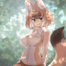  1girl animal_ears bare_shoulders blush bow breasts brown_hair dhole_(kemono_friends) dog_ears dog_girl dog_tail extra_ears forest gloves highres kemono_friends kemono_friends_3 large_breasts looking_at_viewer mo23 multicolored_hair nature open_mouth shirt short_hair skirt sleeveless smile solo tail two-tone_hair white_hair 