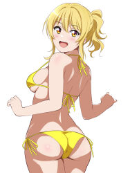  1girl absurdres ass back bikini blonde_hair borgbutler breasts commentary_request cowboy_shot crotch_seam from_behind halterneck highres looking_at_viewer looking_back love_live! love_live!_nijigasaki_high_school_idol_club medium_breasts miyashita_ai open_mouth partial_commentary short_hair short_ponytail side-tie_bikini_bottom sidelocks simple_background smile solo standing string_bikini swimsuit white_background yellow_bikini yellow_eyes 