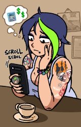  1girl absurdres ahoge arm_rest black_eyes black_nails bracelet breast_rest breasts breasts_on_table cellphone chin_piercing coffee_cup copyright_request creatures_(company) cup disposable_cup dyed_bangs game_cartridge game_freak green_hair head_rest highres jewelry large_breasts long_hair meme mole mole_on_breast multicolored_hair nintendo original phone pokemon pokemon_gsc purple_hair sad shoulder_tattoo smartphone solo streaked_hair table tank_top tattoo thought_bubble umjammercammy 