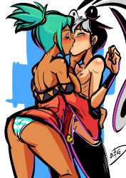 2girls animal animal_on_head aqua_hair artist_name ass assertive_female big-d bird bird_on_head black_hair blush breasts breasts_out capri_pants cerebella_(skullgirls) closed_eyes dark-skinned_female dark_skin detached_sleeves eyeshadow female_focus feng_(skullgirls) grabbing_another&#039;s_chin hand_on_another&#039;s_chin interracial kiss large_breasts makeup multicolored_hair multiple_girls nipples on_head panties pants short_hair short_ponytail skullgirls small_breasts striped_clothes striped_panties topless two-tone_hair underwear undressing vambraces white_hair yuri rating:Explicit score:84 user:Rikko-43