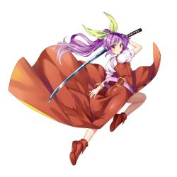  belt boots bow bracelet breasts brown_footwear buttons dress hair_ribbon highres jewelry katana long_hair loose_belt non-web_source ponytail purple_eyes purple_hair red_dress red_eyes ribbon silent_sinner_in_blue small_breasts solo sword touhou touhou_bougetsushou watatsuki_no_yorihime weapon 