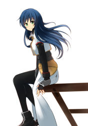  1girl blue_hair blush boots closed_mouth fingerless_gloves gloves green_eyes long_hair looking_at_viewer maria_traydor pantyhose simple_background sitting smile solo star_ocean star_ocean_till_the_end_of_time waist_cape west_(west0) white_background 