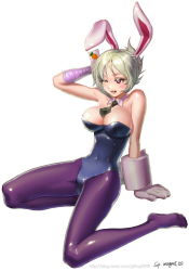  1girl animal_ears battle_bunny_riven blush breasts fake_animal_ears gloves grey_hair gtfrog9999 heart heart-shaped_pupils large_breasts league_of_legends leotard necktie one_eye_closed open_mouth pantyhose playboy_bunny purple_pantyhose rabbit_ears red_eyes riven_(league_of_legends) solo strapless symbol-shaped_pupils watermark web_address white_background white_gloves wink 