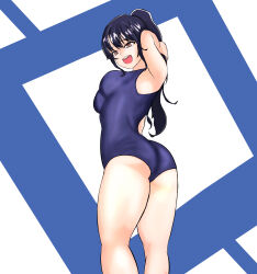 1girl :d absurdres armpits arms_behind_head arms_up ass bare_legs bare_shoulders barefoot black_hair blue_background blue_hair blue_one-piece_swimsuit blush boku_no_kokoro_no_yabai_yatsu breasts brown_eyes competition_swimsuit cowboy_shot drintrava eyebrows feet feet_out_of_frame female_focus from_behind full_body hair_between_eyes high_ponytail highres kneepits large_breasts legs long_hair looking_at_viewer looking_back medium_breasts one-piece_swimsuit open_mouth original pixiv_id ponytail sideboob sidelocks simple_background smile solo standing sukumizu swimsuit teeth thighs twisted_torso twitter_username two-tone_background upper_teeth_only white_background yamada_anna
