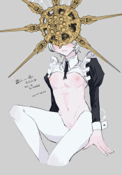  1boy absurdres black_ribbon bottomless cleft_of_venus closed_mouth cuntboy_only dark_souls_(series) dark_souls_i dark_sun_gwyndolin expressionless futanari gold_headwear grey_background highres juliet_sleeves long_sleeves male_futanari navel neck_ribbon puffy_sleeves pussy reverse_newhalf ribbon simple_background solo spiked_helmet translation_request trap zunkome 
