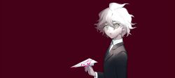  1boy ahoge black_jacket black_necktie black_suit blazer blood blood_stain collared_jacket collared_shirt commentary danganronpa_(series) danganronpa_3_(anime) formal green_eyes hair_between_eyes highres holding_paper_airplane jacket komaeda_nagito lapels layered_sleeves long_sleeves looking_at_viewer male_focus messy_hair necktie notched_lapels open_mouth pink_blood red_background shirt short_hair simple_background solo suit symbol-only_commentary unagi_(nakaelric) upper_body white_hair white_shirt 