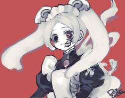 1girl apron bloody_marie_(skullgirls) brooch dotcube eye_socket frilled_apron frills grey_hair hair_ornament jewelry juliet_sleeves long_sleeves maid_headdress missing_eye puffy_sleeves red_background red_eyes skeletal_arm skull skull_hair_ornament skullgirls solo torn_clothes twintails upper_body