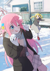 2girls ahoge alternate_costume bench blonde_hair blue_eyes bocchi_the_rock! cube_hair_ornament detached_ahoge gloves gotoh_hitori hair_ornament highres holding holding_snowball hood hood_down hoodie ijichi_nijika jacket lamppost long_hair long_skirt multiple_girls one_eye_closed open_clothes open_jacket pink_hair pink_track_suit playground ponytail red_eyes red_footwear scarf side_ahoge side_ponytail skirt snow snowball snowball_fight sweat sweatdrop tadano_natsu track_suit white_gloves