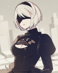  1girl 2b_(nier:automata) black_blindfold black_dress black_hairband blindfold breasts cleavage cleavage_cutout clothing_cutout commentary_request covered_eyes dress hairband highres juliet_sleeves long_sleeves malt_40 mole mole_under_mouth nier:automata nier_(series) parted_lips puffy_sleeves short_hair small_breasts solo upper_body 