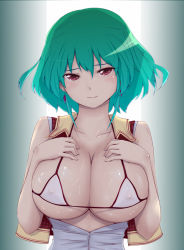 1girl bad_id bad_pixiv_id bikini bikini_top_only blush breasts breasts_out cleavage earrings female_focus green_hair gustav_(telomere_na) hands_on_own_chest huge_breasts jewelry kazami_yuuka large_breasts looking_at_viewer open_clothes open_shirt plaid plaid_vest red_eyes seductive_smile shiny_skin shirt short_hair skindentation smile solo swimsuit touhou vest white_bikini rating:Questionable score:12 user:danbooru