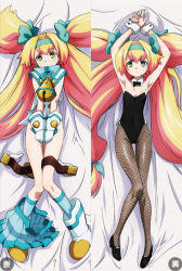  1girl arc_system_works armpits bare_shoulders bed_sheet bell belt unworn_belt blazblue blonde_hair bow covering_privates covering_crotch dakimakura_(medium) detached_collar fishnet_pantyhose fishnets flat_chest full_body gloves green_eyes hair_bow hair_intakes hairband heart heart-shaped_pupils high_heels knees_together_feet_apart leotard long_hair low-tied_long_hair magical_girl multiple_views official_art pantyhose pigeon-toed platinum_the_trinity playboy_bunny pumps quad_tails skirt skirt_around_one_leg socks symbol-shaped_pupils thigh_gap two_side_up very_long_hair wrist_cuffs  rating:Questionable score:36 user:danbooru