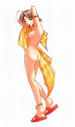 1girl ahoge akamatsu_ken anklet arms_up ass breasts brown_eyes brown_hair flip-flops hairdressing jewelry konno_mitsune looking_at_viewer looking_back love_hina mouth_hold nude one_eye_closed sandals short_hair simple_background solo standing towel wink rating:Questionable score:56 user:danbooru