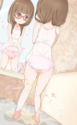 1girl ass barefoot blush bow bow_panties braid brown_eyes brown_hair collarbone dress embarrassed from_behind glasses heart highres loli long_hair mirror panties peeing peeing_self pink_panties puddle reflection see-through see-through_dress sleeveless sleeveless_dress steam trembling twin_braids underwear wall wet wet_clothes wet_panties white_dress rating:Questionable score:48 user:cpee