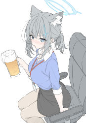  1girl alternate_costume animal_ear_fluff animal_ears beer_mug black_skirt blue_archive blue_eyes blue_halo blue_shirt blush breasts chair collared_shirt commentary cosplay cross cross_hair_ornament cup douki-chan_(douki-chan) extra_ears ganbare_douki-chan hair_ornament halo highres holding holding_cup inverted_cross looking_at_viewer masabodo medium_breasts mismatched_pupils mug nose_blush office_chair on_chair open_mouth ponytail shiroko_(blue_archive) shirt simple_background sitting skirt sleeves_past_elbows solo swivel_chair white_background wolf_ears wolf_girl 