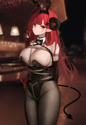  1girl absurdres animal_ears arms_behind_back awaji azur_lane bdsm black_horns black_leotard black_pantyhose blindfold blurry blurry_background bondage bound bound_arms breasts chinese_commentary cleavage cowboy_shot crotch_rope curled_horns demon_girl demon_horns demon_tail fake_animal_ears fine_fabric_emphasis hair_ornament highres hindenburg_(azur_lane) hindenburg_(delirious_duel)_(azur_lane) horns indoors lamp large_breasts leotard long_hair looking_at_viewer monoglove official_alternate_costume pantyhose playboy_bunny rabbit_ears red_eyes red_hair restrained shibari shibari_over_clothes slit_pupils solo standing strapless strapless_leotard tail undersized_breast_cup very_long_hair 