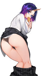 1girl ass black_panties blue_eyes blush clothes_pull eating elma_(maidragon) food holding holding_food kneepits kobayashi-san_chi_no_maidragon lace lace-trimmed_panties lace_trim looking_at_viewer looking_back multicolored_hair panties purple_hair short_hair simple_background skirt skirt_pull solo streaked_hair striped_clothes striped_skirt thighs underwear vertical-striped_clothes vertical-striped_skirt white_background xiaoshou_xiansheng rating:Questionable score:65 user:danbooru
