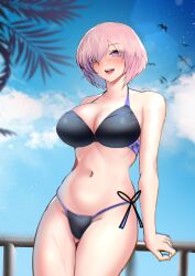  1girl :d absurdres bare_shoulders beach bikini black_bikini blue_sky breasts cleavage cloud cowboy_shot day fate/grand_order fate_(series) gluteal_fold groin hair_over_one_eye halterneck highres kabotoz large_breasts looking_at_viewer mash_kyrielight medium_breasts navel ocean official_alternate_costume open_mouth outdoors palm_tree pink_hair purple_eyes purple_hair short_hair sky smile solo standing stomach swimsuit thighs tree 