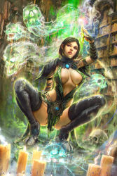  1girl aura black_hair blue_eyes breasts cleavage fantasy female_focus guild_wars_(series) guild_wars_1 hoof_boots large_breasts magic necromancer realistic short_hair skull solo spread_legs squatting witch  rating:Questionable score:21 user:kilerog