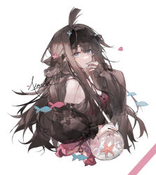  1girl ahoge animal_bag animal_ear_hairband animal_ears aotu_world bag black_hairband black_jacket blue_eyes blue_flower braid breasts brown_hair buttons chinese_commentary cleavage closed_mouth commentary_request cropped_legs dress ear_piercing eyelashes fake_animal_ears fingernails fish floral_print flower flying_fish frilled_dress frilled_hairband frilled_sleeves frills hair_flower hair_ornament hairband hand_on_own_chin jacket jacket_partially_removed kaili_(aotu_world) large_breasts light_smile long_hair long_sleeves nonhaaa petals piercing pink_dress pink_flower pointy_ears puffy_long_sleeves puffy_sleeves seashell see-through see-through_sleeves shell short_dress shoulder_bag signature simple_background single_braid sleeveless sleeveless_dress solo starfish transparent_bag very_long_hair white_background 