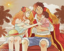  1boy 2girls aged_up baby black_hair chandllucky coat coat_on_shoulders couple cradling dress hat husband_and_wife if_they_mated long_hair monkey_d._luffy multiple_girls nami_(one_piece) one_piece orange_hair palm_tree scar short_hair sitting smile straw_hat sun tree  rating:General score:10 user:lespam_605