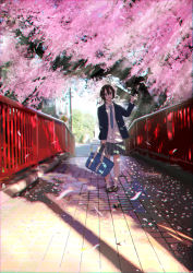 1girl :d bag black_hair blazer blue_jacket blue_necktie brown_footwear cherry_blossoms commentary english_commentary grey_skirt hair_between_eyes highres holding holding_bag jacket loafers long_sleeves looking_at_viewer necktie open_clothes open_jacket open_mouth original outdoors plaid plaid_skirt sakeharasu scenery school_bag school_uniform shadow shirt shoes short_hair skirt smile socks solo standing tree white_shirt white_socks wide_shot rating:General score:1 user:danbooru