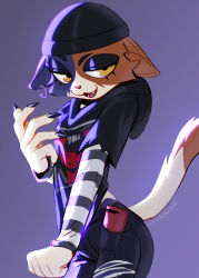  2022 black_hoodie black_pants breasts epic_games female_focus fortnite fur furry hat headgear highres hood hoodie meow_skulls_(fortnite) multicolored_fur open_mouth pants small_breasts solo tagme torn_clothes  rating:General score:49 user:Relay