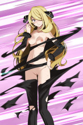 1girl absurdres black_pants black_sleeves blonde_hair blue_eyes breasts censored clenched_teeth collarbone creatures_(company) cynthia_(pokemon) detached_sleeves embarrassed game_freak hair_ornament hair_over_one_eye hand_on_own_hip highres long_hair long_sleeves looking_at_viewer medium_breasts mosaic_censoring nintendo nipples pants pink_background pokemon pokemon_dppt pussy solo standing sweatdrop tearing_up teeth torn_clothes torn_pants tsukishiro_saika very_long_hair rating:Explicit score:36 user:danbooru