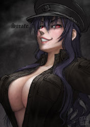  1girl artist_request beatrix_bremer breasts cleavage german_text grin hat large_breasts long_hair looking_at_viewer military military_uniform muv-luv muv-luv_alternative peaked_cap purple_hair red_eyes ringed_eyes schwarzesmarken smile solo translated unbuttoned uniform  rating:Questionable score:46 user:danbooru