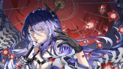  1girl acheron_(honkai:_star_rail) armor black_choker black_gloves breasts chain chain_around_arm choker cleavage closed_mouth commentary commentary_request criss-cross_halter diamond-shaped_pupils diamond_(shape) eyeliner eyes_visible_through_hair flower gloves hair_intakes hair_ornament hair_over_one_eye halterneck hand_up highres holding holding_umbrella honkai:_star_rail honkai_(series) large_breasts long_hair looking_at_viewer makeup miyoushe_watermark multicolored_hair oil-paper_umbrella partial_commentary portrait purple_eyes purple_hair rain red_eyeliner red_flower red_petals shoulder_armor sidelocks single_bare_shoulder solo streaked_hair symbol-shaped_pupils umbrella water_drop zoey_(miyoushe_299577060) 