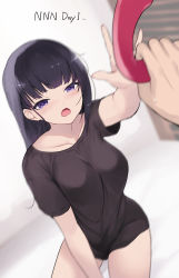1girl black_hair black_shirt blurry blurry_background breasts cait_aron collarbone eyebrows_hidden_by_hair foreshortening hand_up highres large_breasts long_hair looking_at_viewer motion_blur no_nut_november open_mouth original outstretched_arm purple_eyes raised_eyebrows shirt short_sleeves solo_focus thighs wavy_mouth rating:Sensitive score:40 user:danbooru