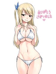 1girl bare_shoulders bikini blonde_hair blush breast_suppress breasts breasts_apart brown_eyes cleavage collarbone fairy_tail groin hair_ribbon heart highres hip_focus large_breasts lips long_hair looking_at_viewer lucy_heartfilia mashima_hiro navel non-web_source official_art one_side_up ribbon side-tie_bikini_bottom side_ponytail sidelocks simple_background smile solo standing stomach swimsuit tattoo thigh_gap thighs translated underboob white_background white_bikini wide_hips rating:Sensitive score:133 user:danbooru