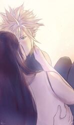  1boy 1girl absurdres bare_arms bare_shoulders black_hair black_thighhighs blonde_hair blue_sweater blush cloud_strife commentary couple earrings eye_contact eyelashes final_fantasy final_fantasy_vii final_fantasy_vii_rebirth final_fantasy_vii_remake from_behind hand_on_another&#039;s_neck hand_on_another&#039;s_waist hetero highres jewelry kiss knees_up long_hair looking_at_another rakuct short_hair sleeveless sleeveless_turtleneck spiked_hair stud_earrings sweater symbol-only_commentary tank_top thighhighs tifa_lockhart turtleneck turtleneck_sweater upper_body white_tank_top 