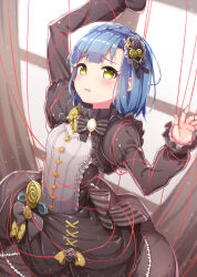  1girl against_window arched_back arm_above_head back_bow black_bow black_bowtie black_dress blue_hair blunt_bangs blush bow bowtie braid breasts cleavage collar commentary_request curtains dress entangled flower french_braid frilled_collar frilled_dress frilled_sleeves frills furrowed_brow gothic_lolita hair_ornament hair_ornament_request hand_up idolmaster idolmaster_million_live! idolmaster_million_live!_theater_days indoors juliet_sleeves kuresuku_(lessons) lolita_fashion long_sleeves looking_at_viewer looking_to_the_side nanao_yuriko parted_bangs parted_lips puffy_sleeves raised_eyebrows short_hair sidelocks small_breasts solo string string_around_finger string_of_fate striped_bow thick_eyelashes three_quarter_view window yellow_bow yellow_bowtie yellow_eyes yellow_flower 