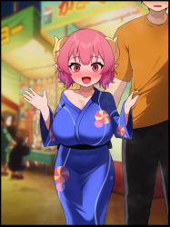  1boy 1girl absurdres aftersex aida_taketo alternate_breast_size blue_kimono blurry blush breasts couple covered_navel depth_of_field dragon_girl dragon_horns fangs festival grimgrim head_out_of_frame height_difference hickey highres horns ilulu_(maidragon) implied_after_sex japanese_clothes kimono kobayashi-san_chi_no_maidragon large_breasts off_shoulder open_mouth pink_hair pointy_ears red_eyes shirt_grab short_hair shortstack slit_pupils smile sweat waving yukata  rating:Sensitive score:321 user:danbooru