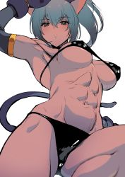  1girl abs absurdres animal_ears animal_hands beniazumaru bikini black_bikini blue_eyes blue_hair breasts cat_ears cat_hair_ornament cat_paws cat_tail cleavage from_below gloves hair_between_eyes hair_ornament highres large_breasts leona_heidern micro_bikini midriff muscular muscular_female navel paw_gloves ponytail simple_background snk snk_heroines:_tag_team_frenzy solo swimsuit tail tan the_king_of_fighters underboob white_background  rating:Sensitive score:41 user:danbooru
